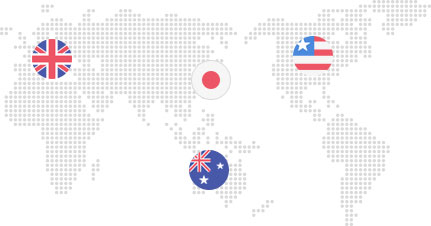 세계 지도에서 영국, 일본, 미국, 호주 국가의 국기 이미지로 나라 위치를 표시한 이미지